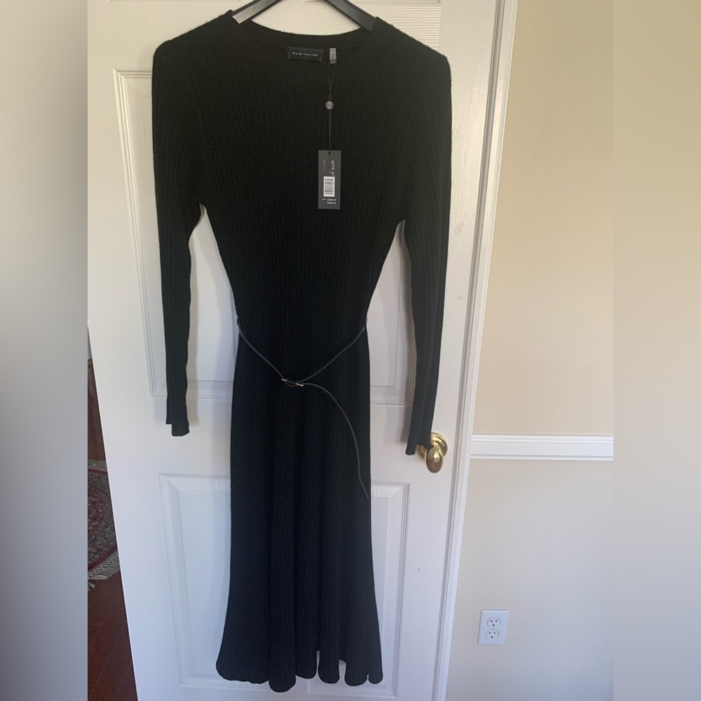 NWT Elie Tahari Cashmere Dress: Black Ribbed Crewneck Pullover Long Sleeve XL